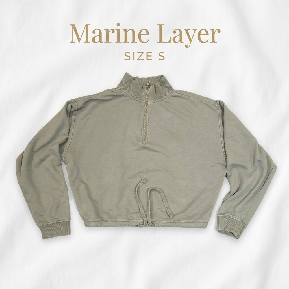 Marine Layer Half Zip Cinch Hem Sweatshirt Cotton Small Sage Green Minimalist